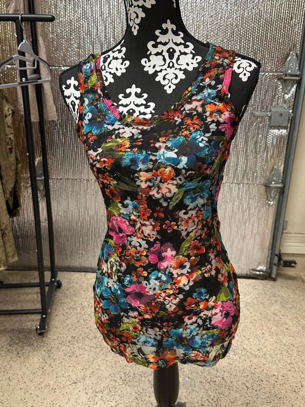 Sheer black colorful floral mesh fitted tight y2k tank top.